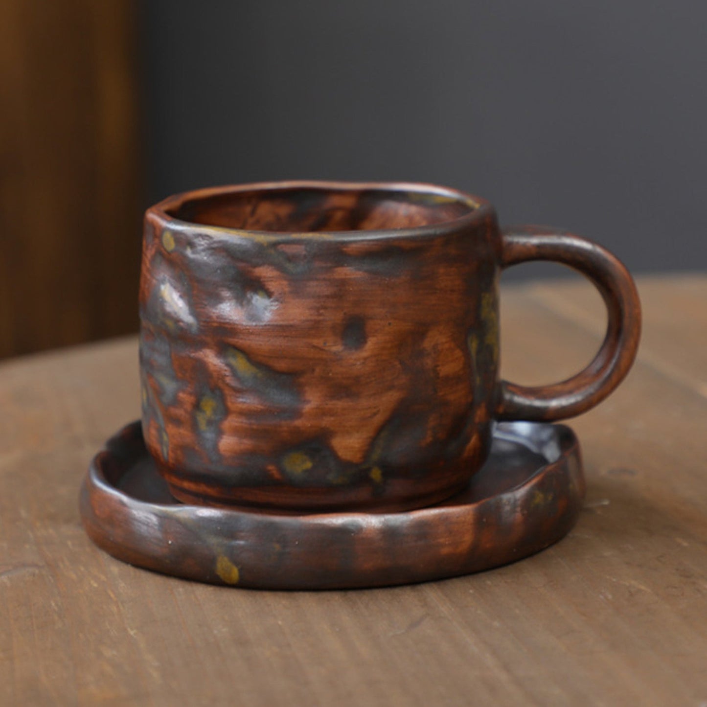 Hand Drawn Vintage Ceramic Coffee Cup with Plate