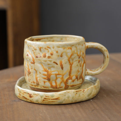 Hand Drawn Vintage Ceramic Coffee Cup with Plate