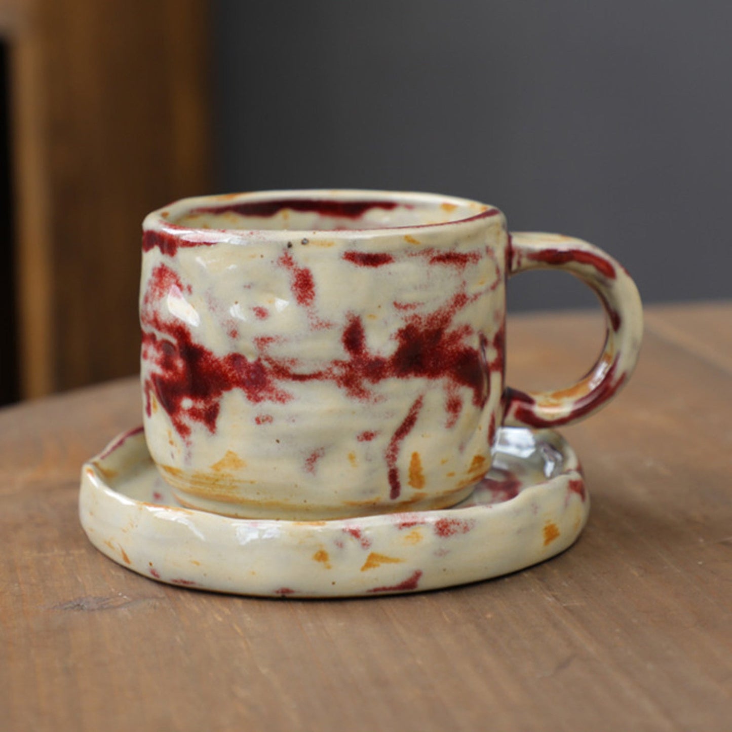 Hand Drawn Vintage Ceramic Coffee Cup with Plate