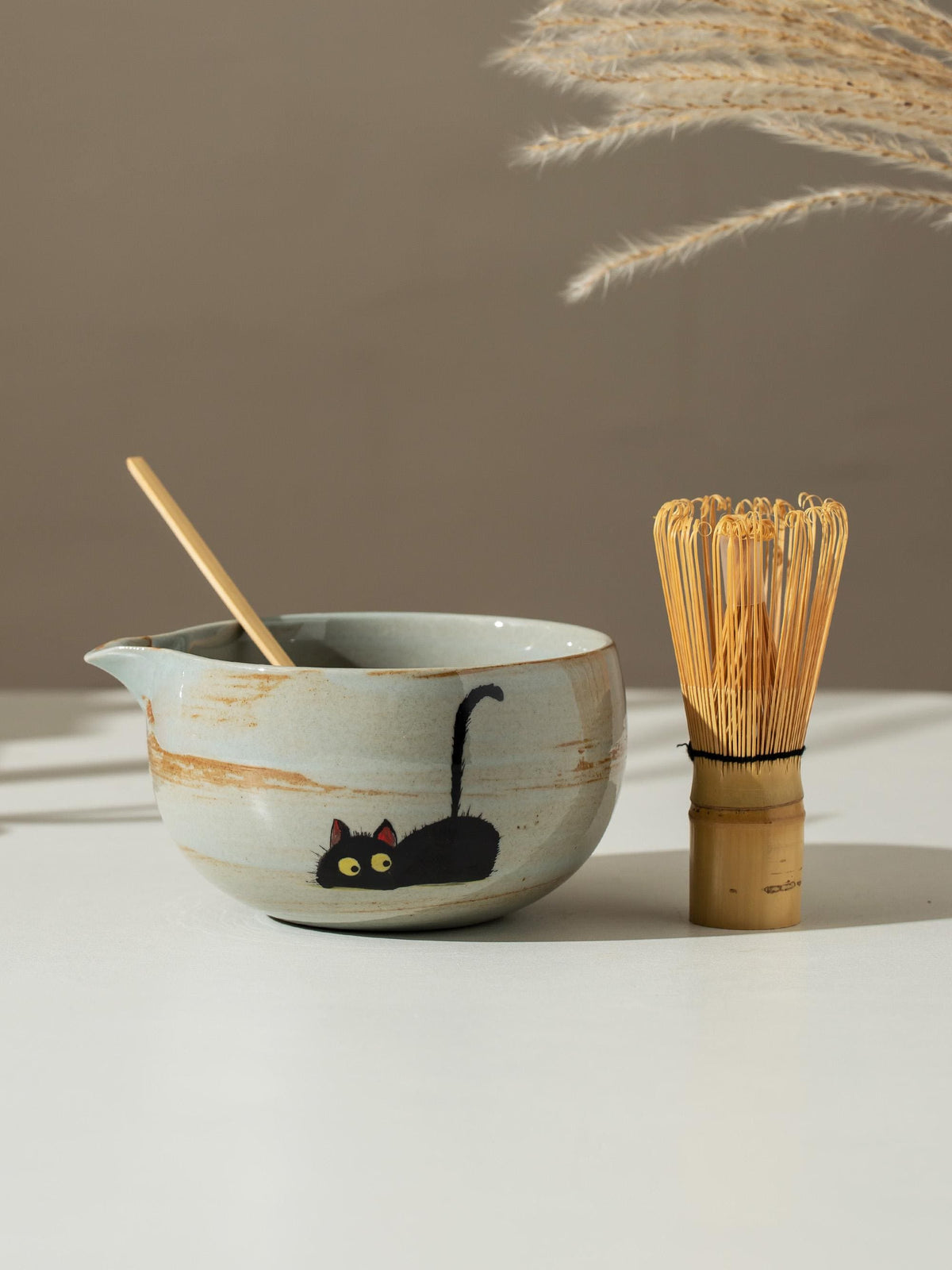 Hand Painted Cute Black Cat Matcha Set Of 4 product photo 3