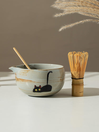 Hand Painted Cute Black Cat Matcha Set Of 4 product photo 3