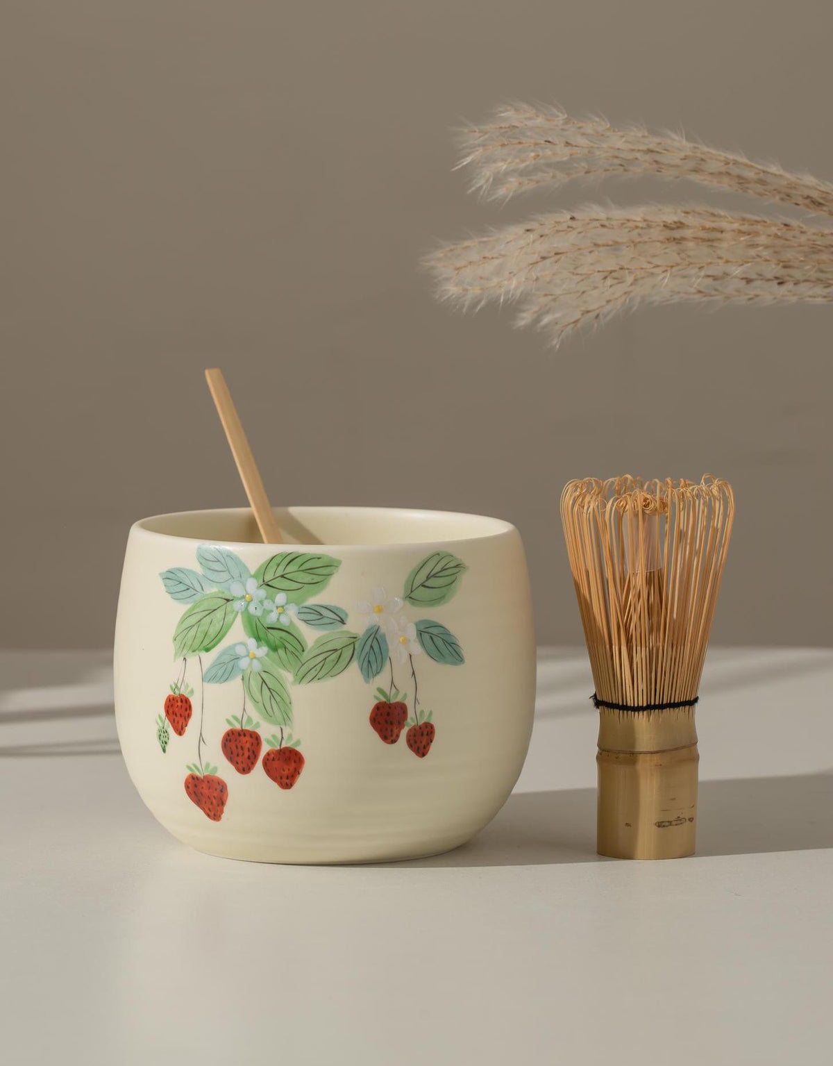 Hand Painted Strawberry Matcha Bowl Set product photo 3