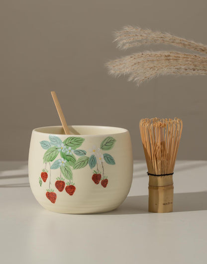 Hand Painted Strawberry Matcha Bowl Set product photo 3