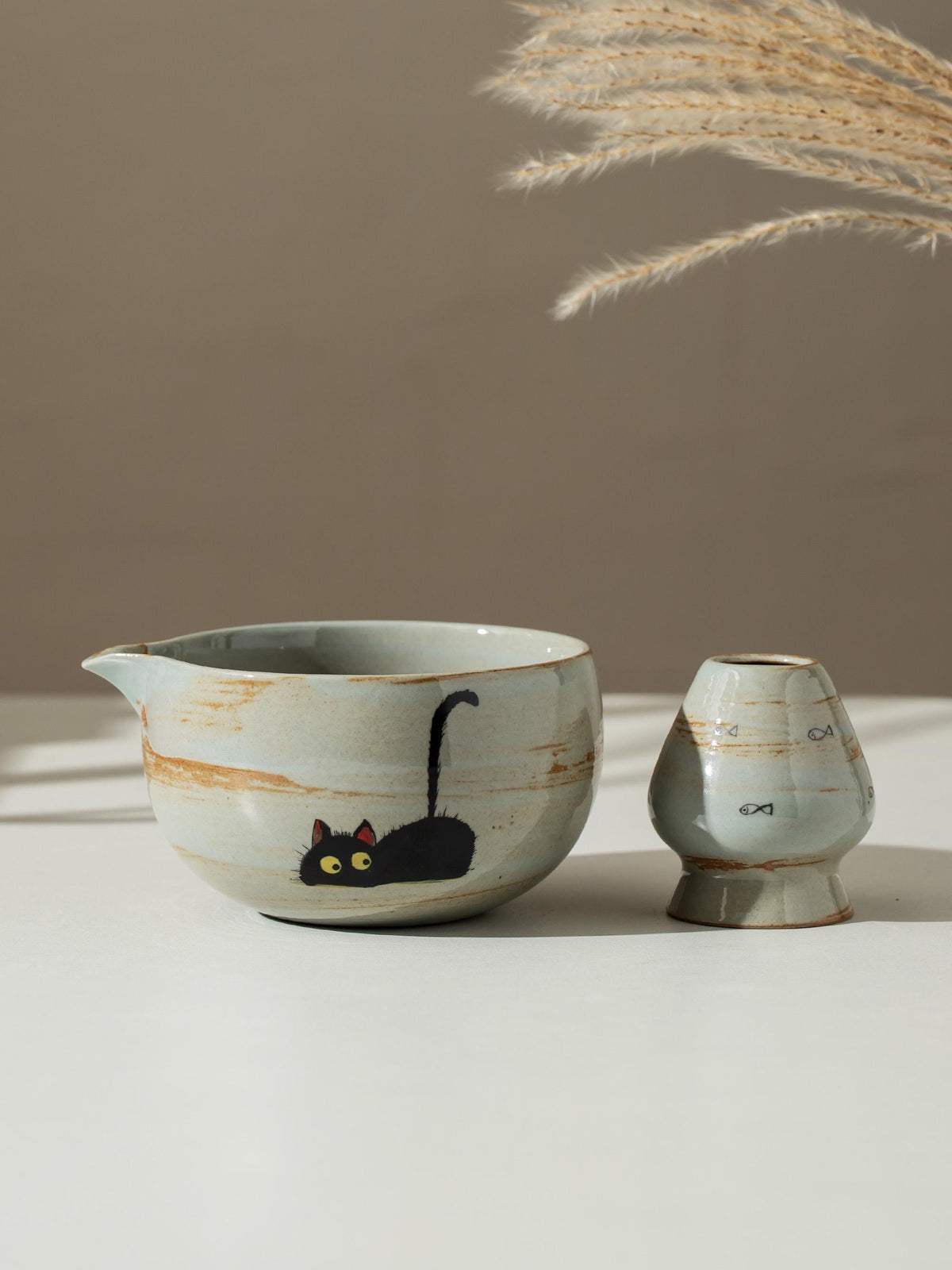 Hand Painted Cute Black Cat Matcha Set Of 4 product photo 2