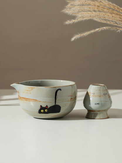 Hand Painted Cute Black Cat Matcha Set Of 4 product photo 2