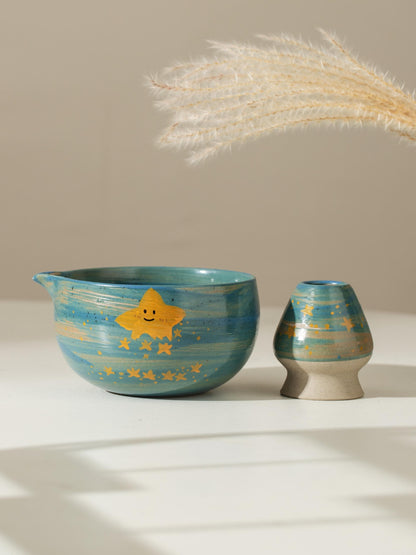 Hand Painted Cute Stars River Matcha Bowl Set product photo 4