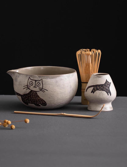 Hand Carved Cat Matcha Bowl Set product photo 2