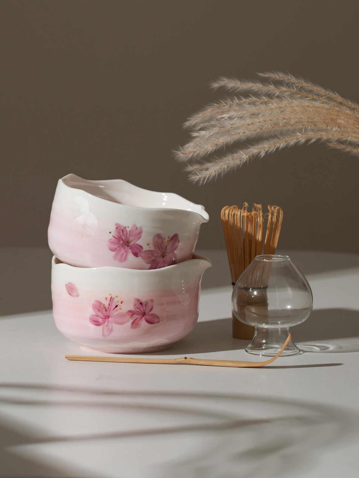 Hand Painted Pink Sakura Matcha Bowl Set product photo 3