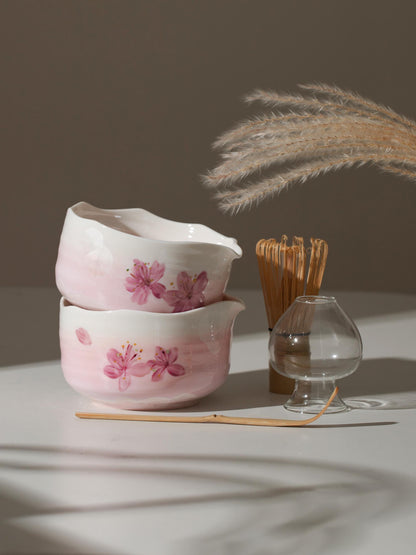 Hand Painted Pink Sakura Matcha Bowl Set product photo 3