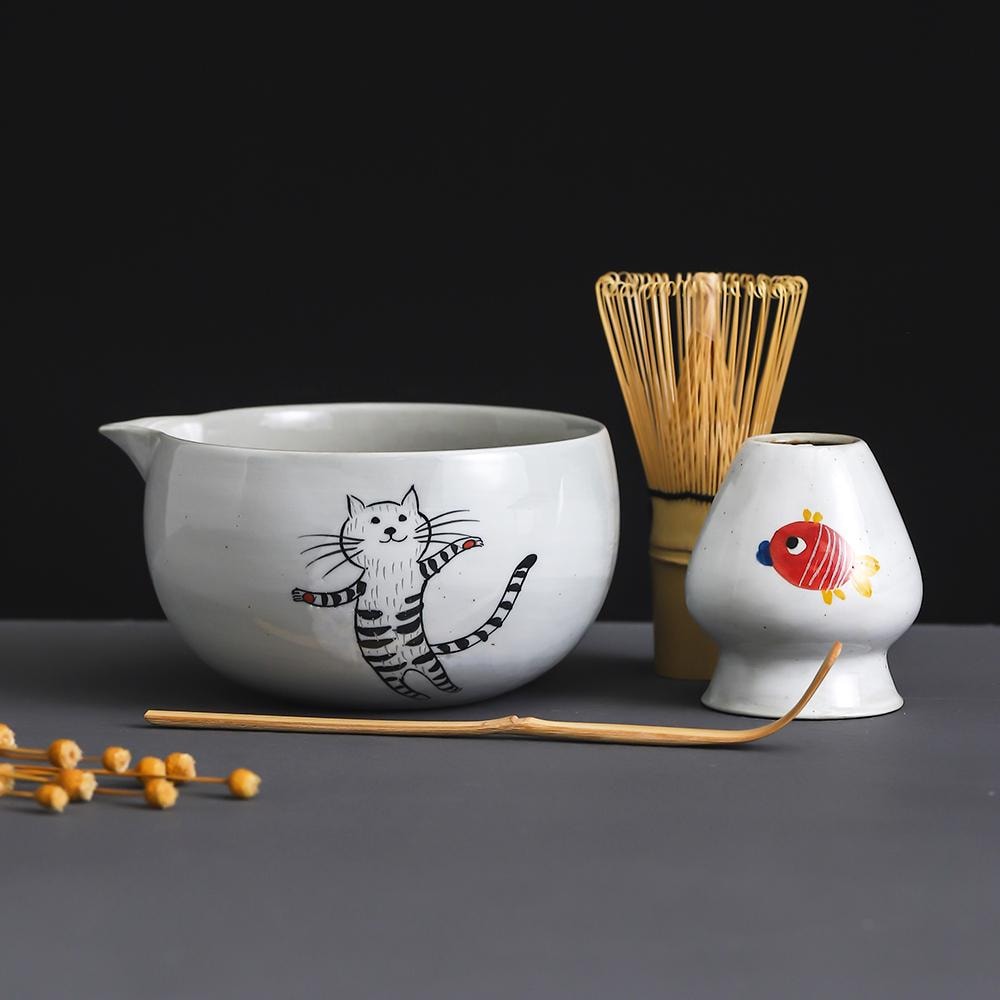 Handcarved Cat Matcha Bowl Set product photo 7