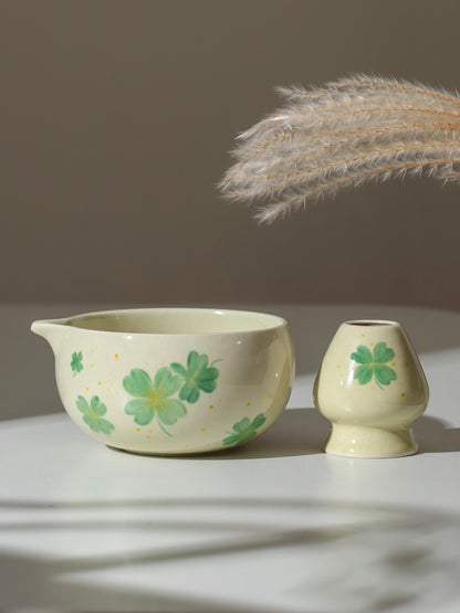 Hand Painted Green Four Leaf Clover Matcha Set Of 4 product photo 4