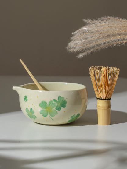 Hand Painted Green Four Leaf Clover Matcha Set Of 4 product photo 3