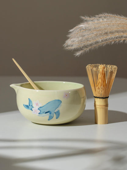 Hand Painted Whale Cherry Blossom Matcha Bowl Set product photo 4