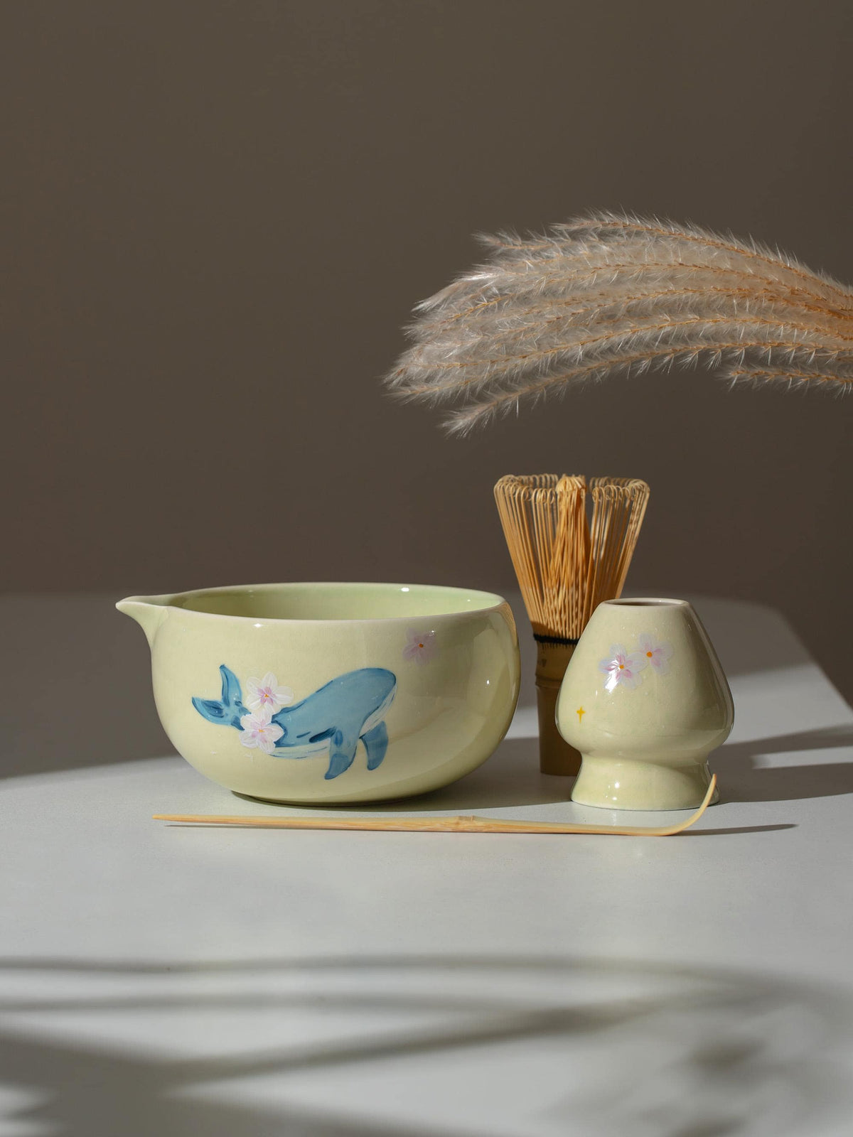 Hand Painted Whale Cherry Blossom Matcha Bowl Set product photo 1