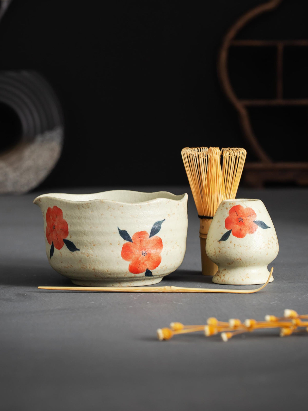 Orange Floral Matcha Bowl Set product photo 1