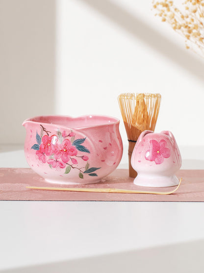 Hand-Painted Pink Cherry Blossom Matcha Set Of 4 product photo 3