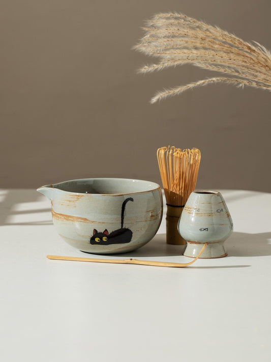 Hand Painted Cute Black Cat Matcha Set Of 4 product photo 1