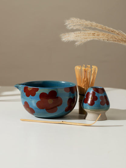 Hand Painted Red Camellia Matcha Bowl Set product photo 1