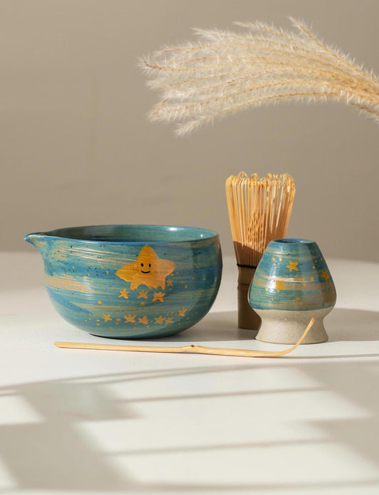 Hand Painted Cute Stars River Matcha Bowl Set product photo 1