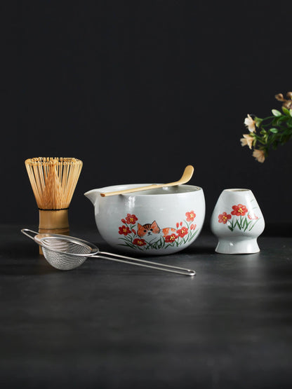 Orange Cat In A Flower Garden Matcha Set Of 4 product photo 2