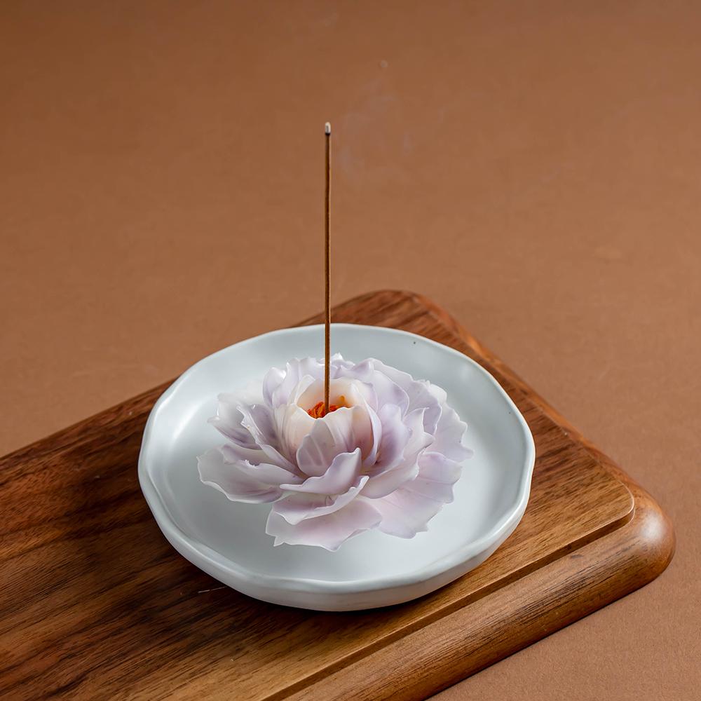 Handmade White Porcelain Peony Incense Holder with Tray  product photo 7