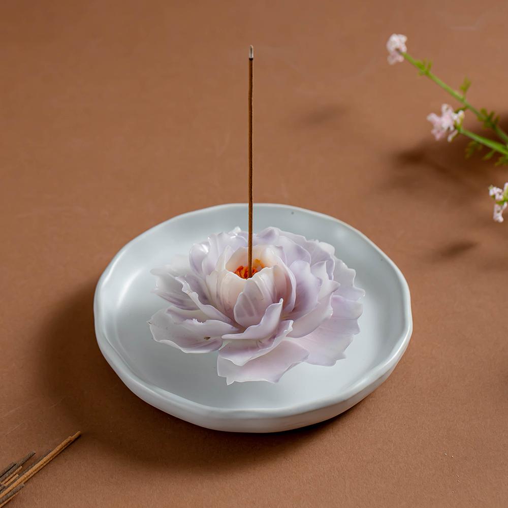 Handmade White Porcelain Peony Incense Holder with Tray  product photo 6