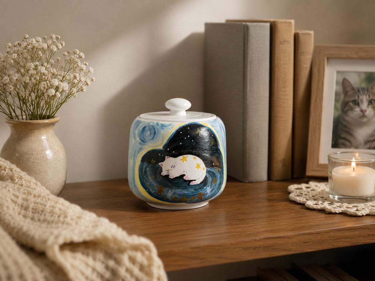 Starry White Cat Cat Memorial Urn product photo 1