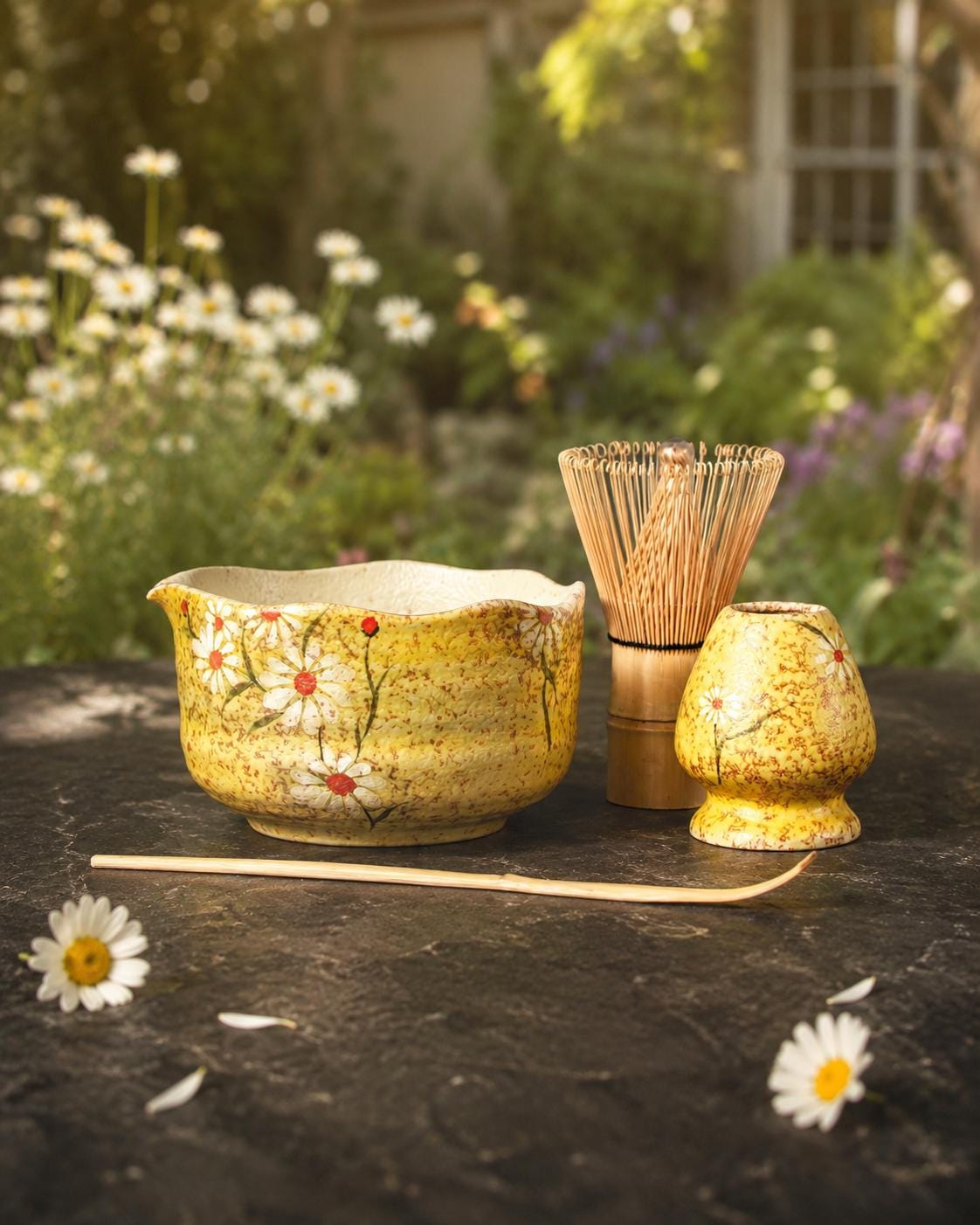 Hand-Painted Daisy Matcha Bowl Set product photo 3