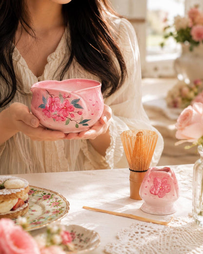 Hand-Painted Pink Cherry Blossom Matcha Set Of 4 product photo 1