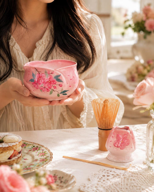 Hand-Painted Pink Cherry Blossom Matcha Set Of 4 product photo 1