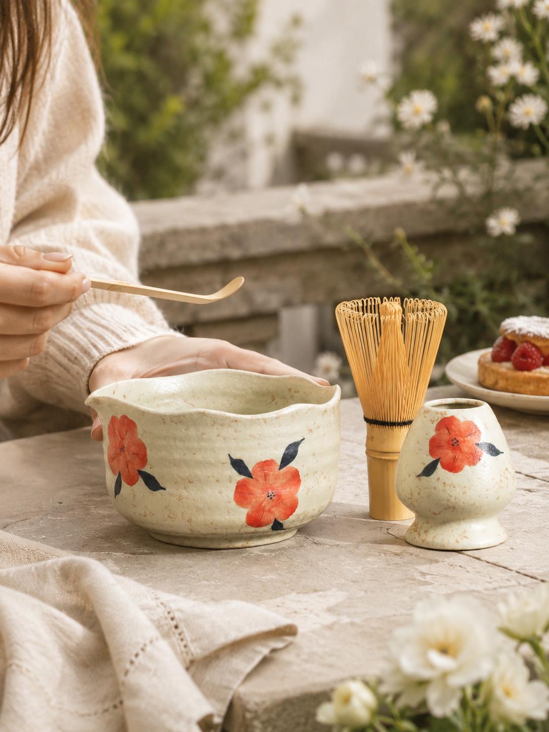 Orange Floral Matcha Bowl Set product photo 4