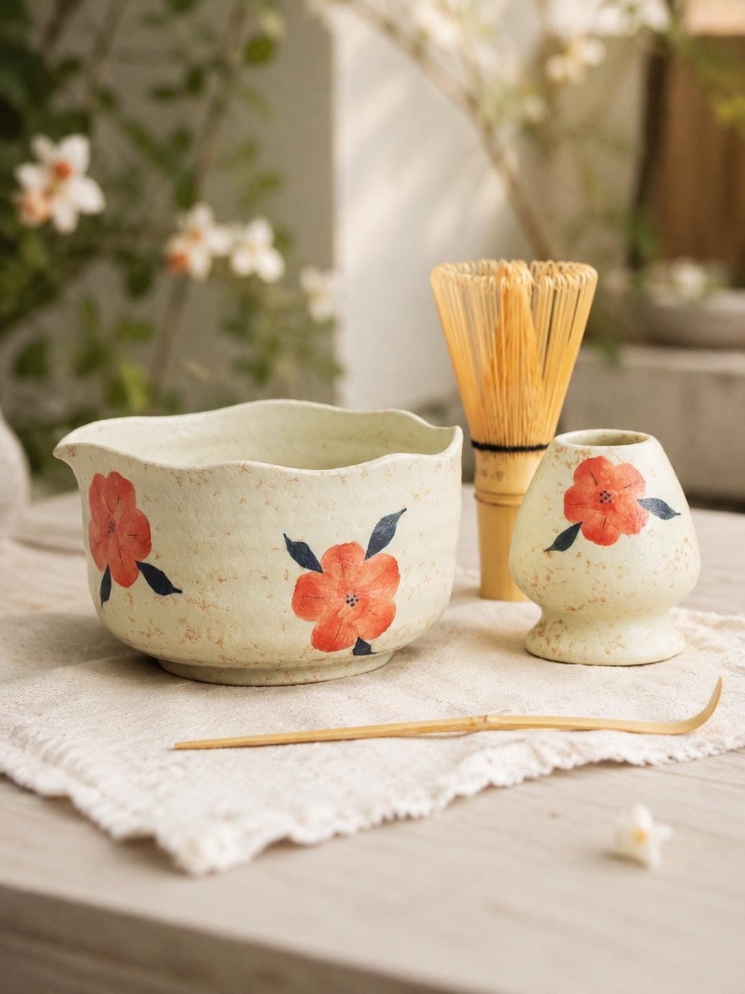 Orange Floral Matcha Bowl Set product photo 2