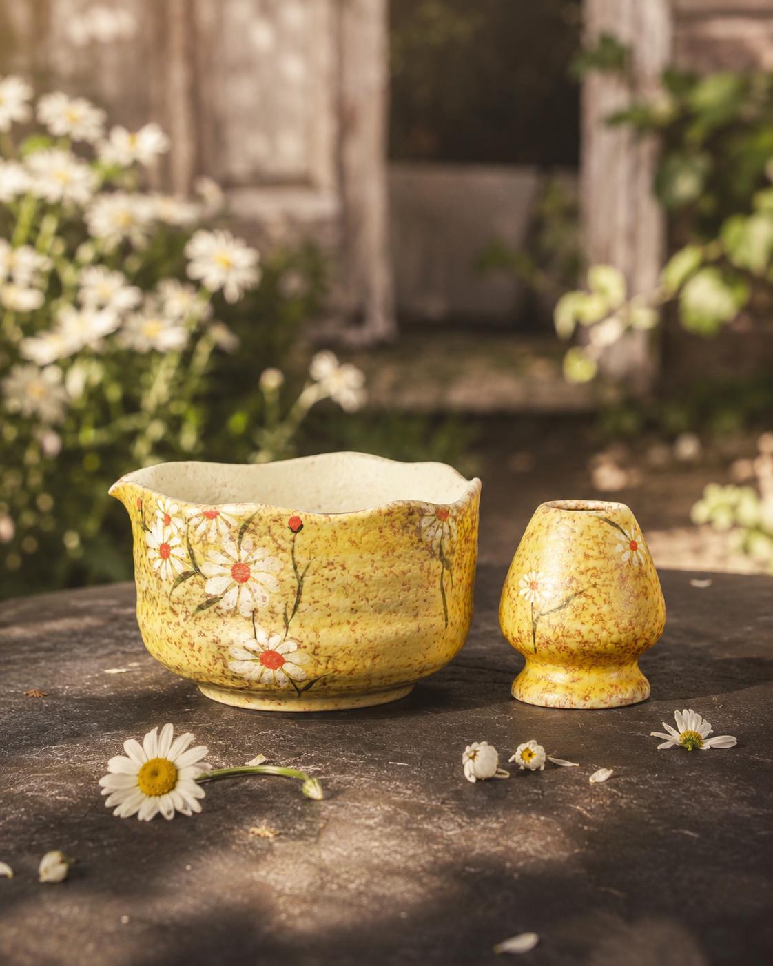 Hand-Painted Daisy Matcha Bowl Set product photo 1
