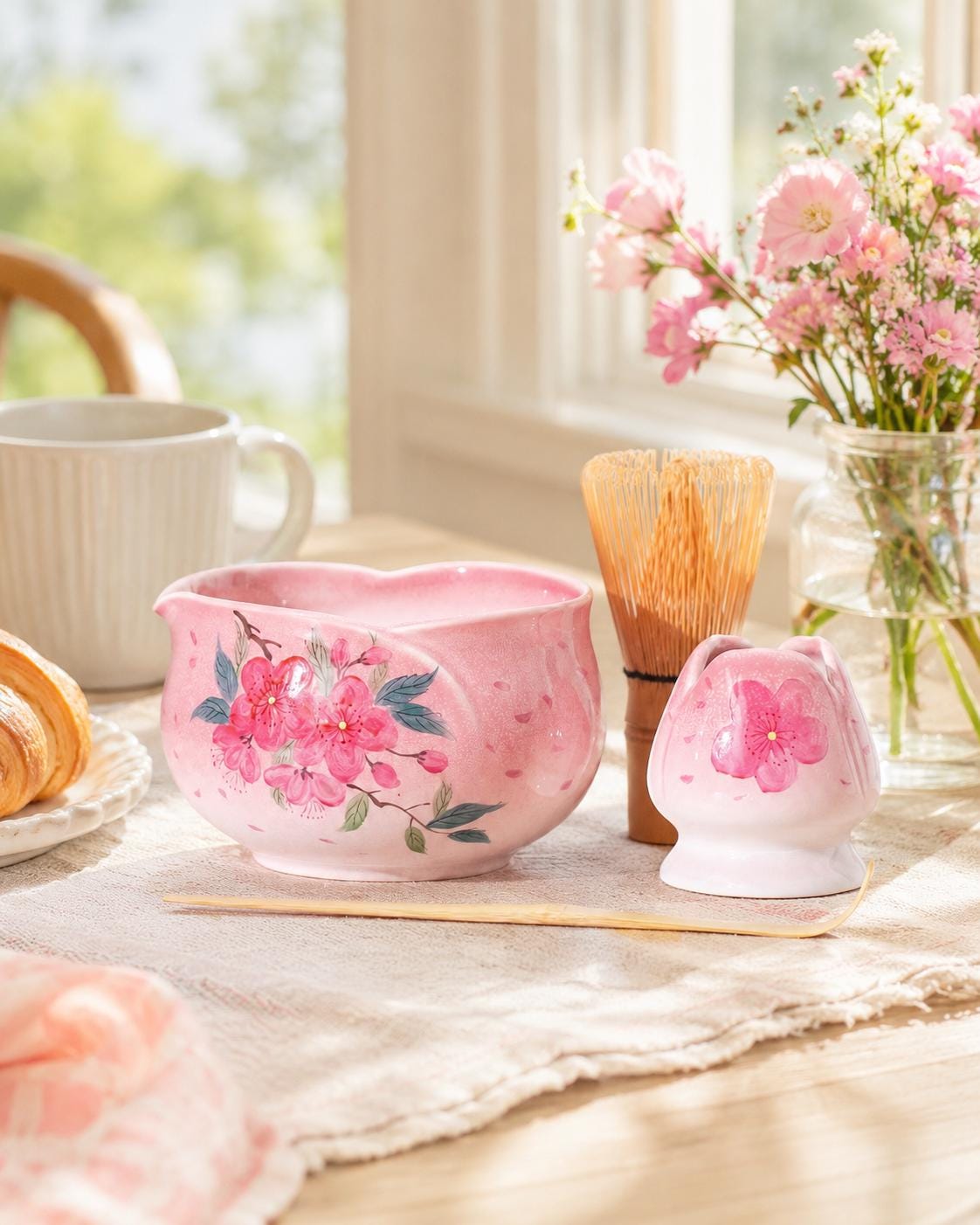 Hand-Painted Pink Cherry Blossom Matcha Set Of 4 product photo 2