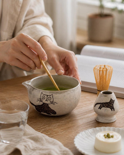 Hand Carved Cat Matcha Bowl Set product photo 5