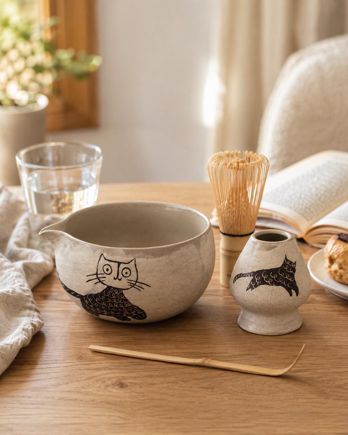 Hand Carved Cat Matcha Bowl Set product photo 3