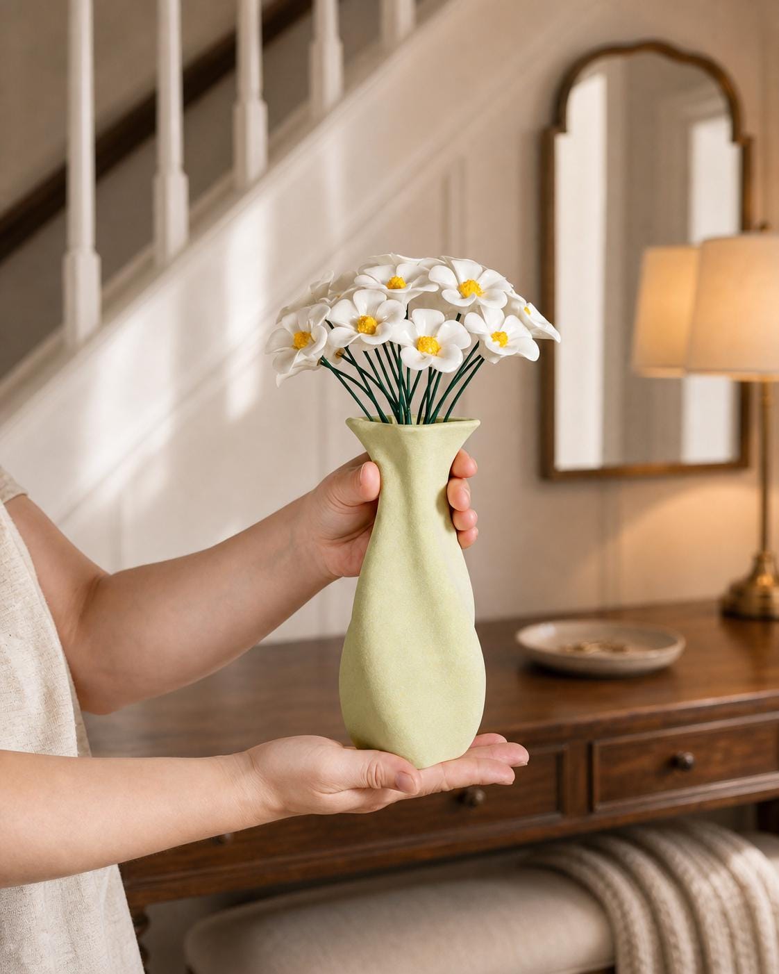 Handcrafted Ceramic Flower & Light Green Abstract Vase Set product photo 5