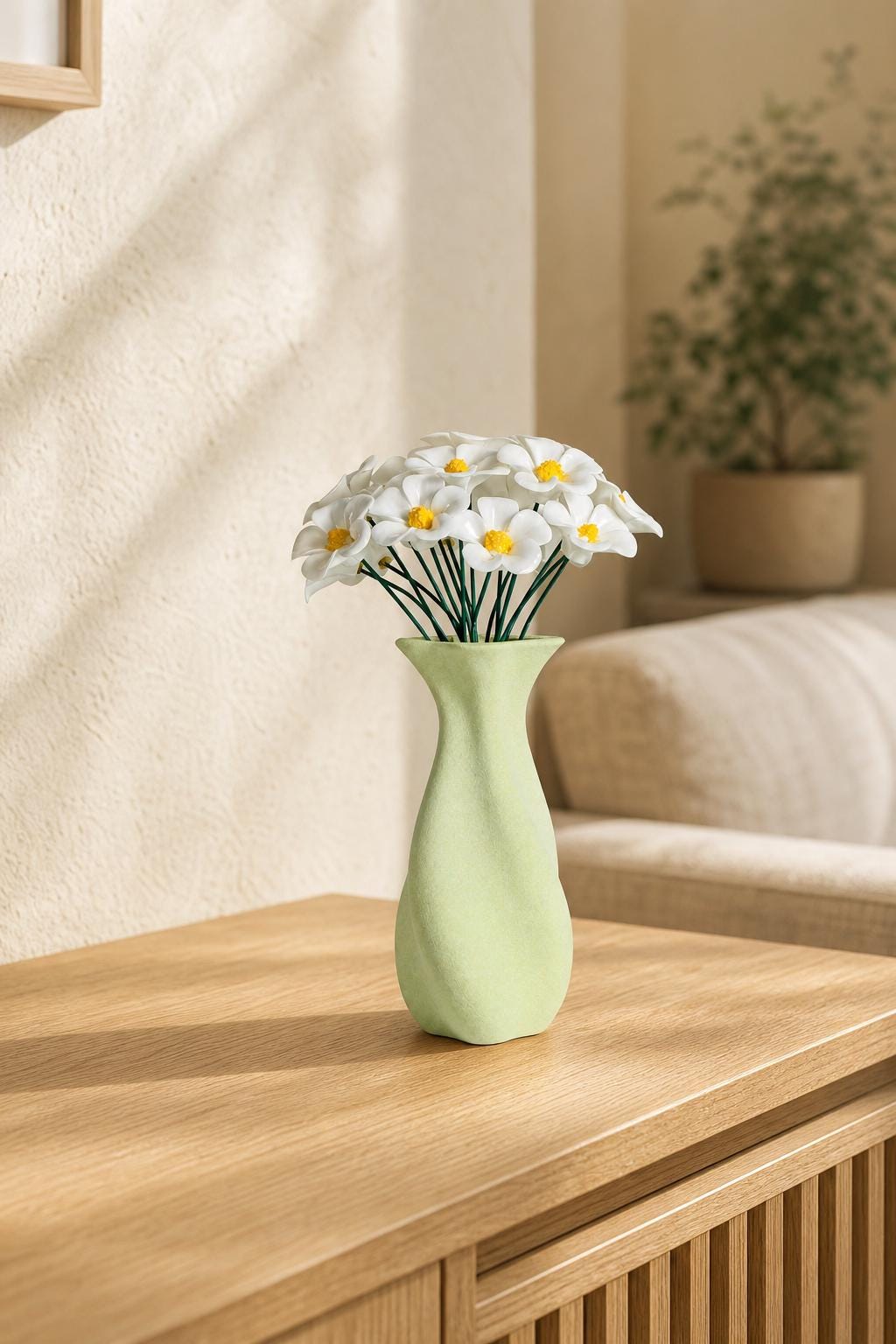 Handcrafted Ceramic Flower & Light Green Abstract Vase Set product photo 1