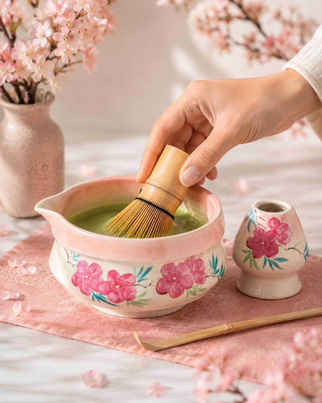 Hand-Painted Sakura Matcha Bowl Set product photo 2