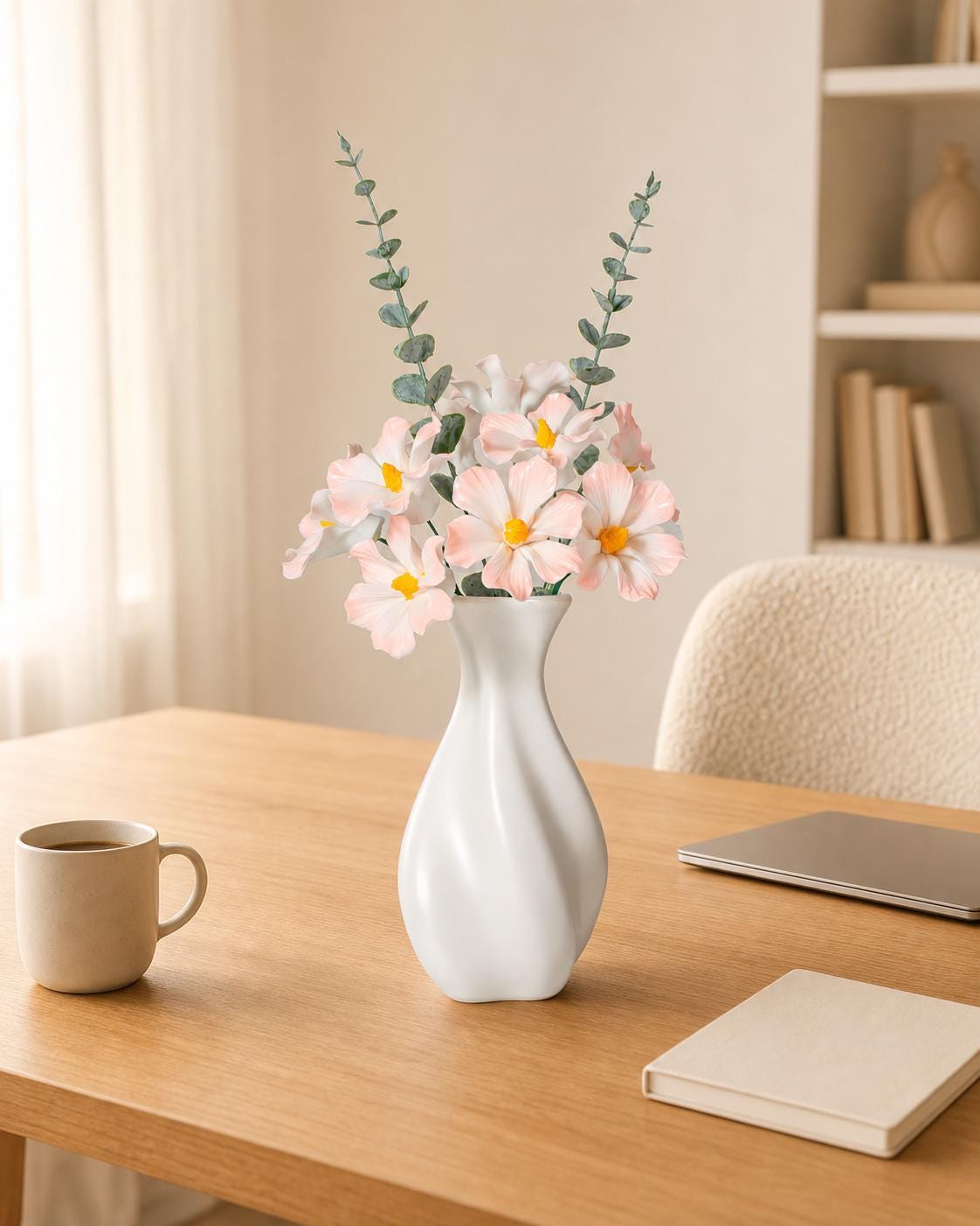 Handmade Ceramic Cosmos Flower Bouquet with White Ceramic Vase product photo 1