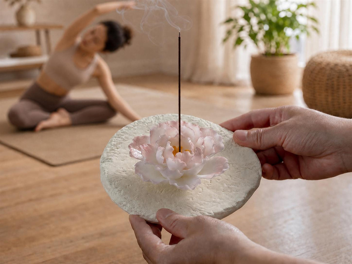 Hand Sculpted Pink Peony Ceramic Incense Holder with Tray product photo 1