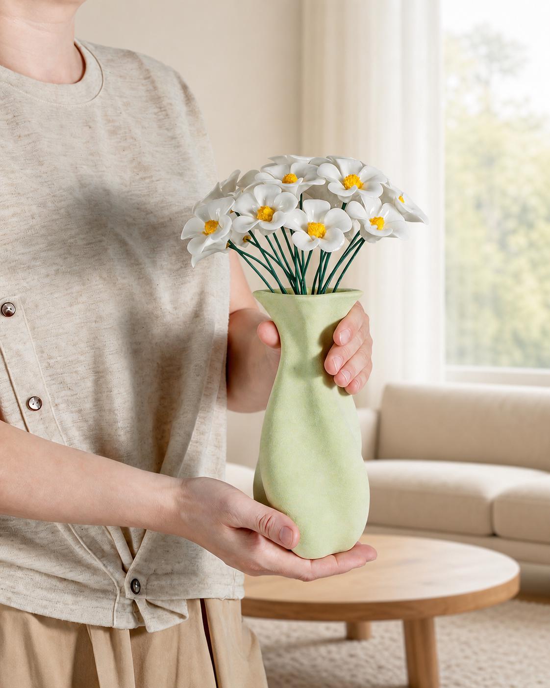 Handcrafted Ceramic Flower & Light Green Abstract Vase Set product photo 6