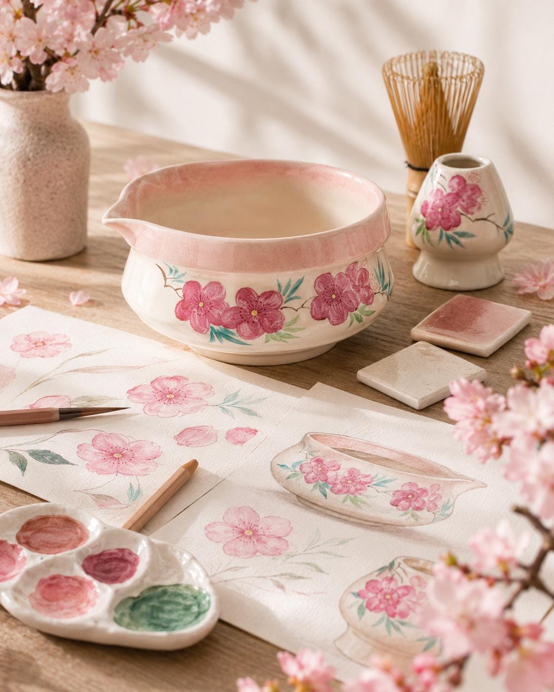 Hand-Painted Sakura Matcha Bowl Set product photo 3