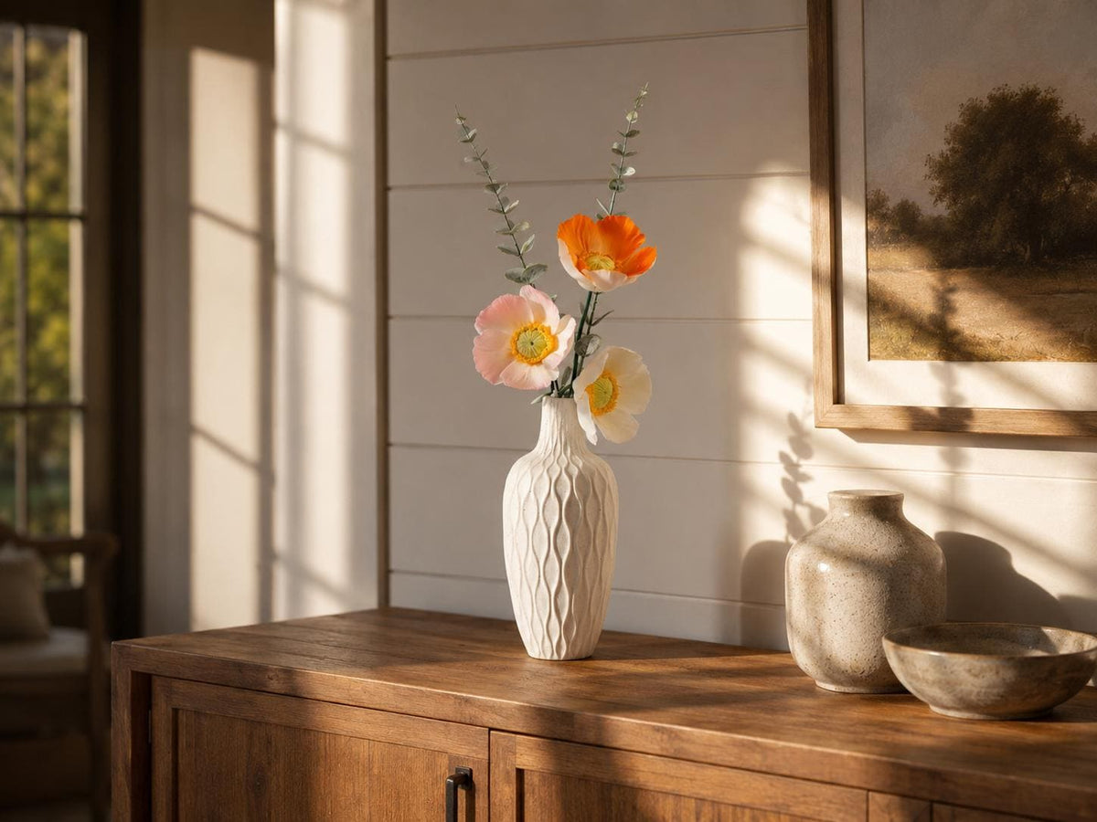 Handmade Ceramic Poppy Flower Bouquet In Water-Holding White Vase product photo 7