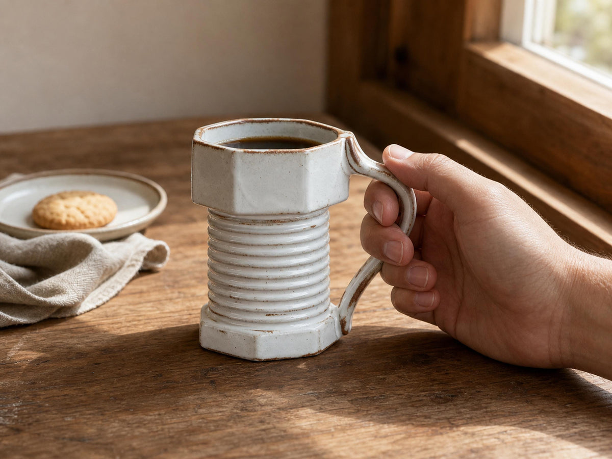 White Ribbed Beer Ceramic Coffee Mug product photo 4
