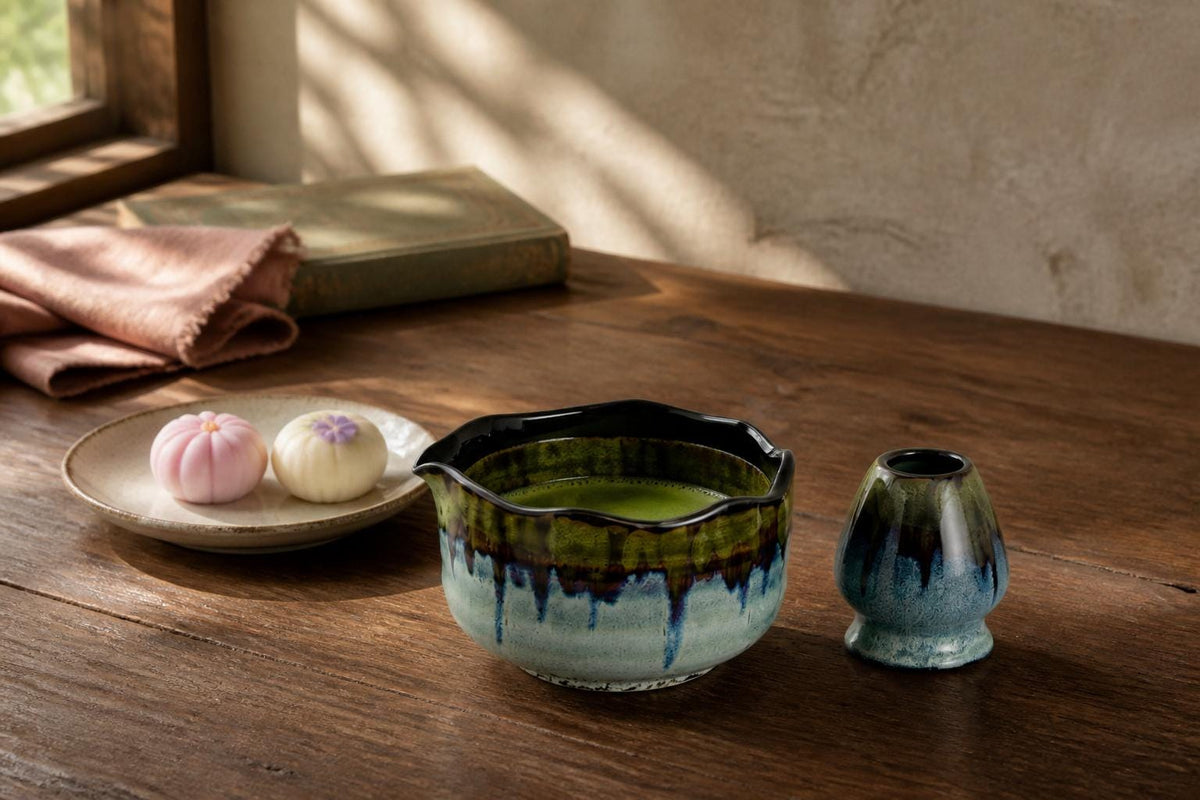 Moss Blue Wavy Flower Rim Matcha Bowl Set product photo 6