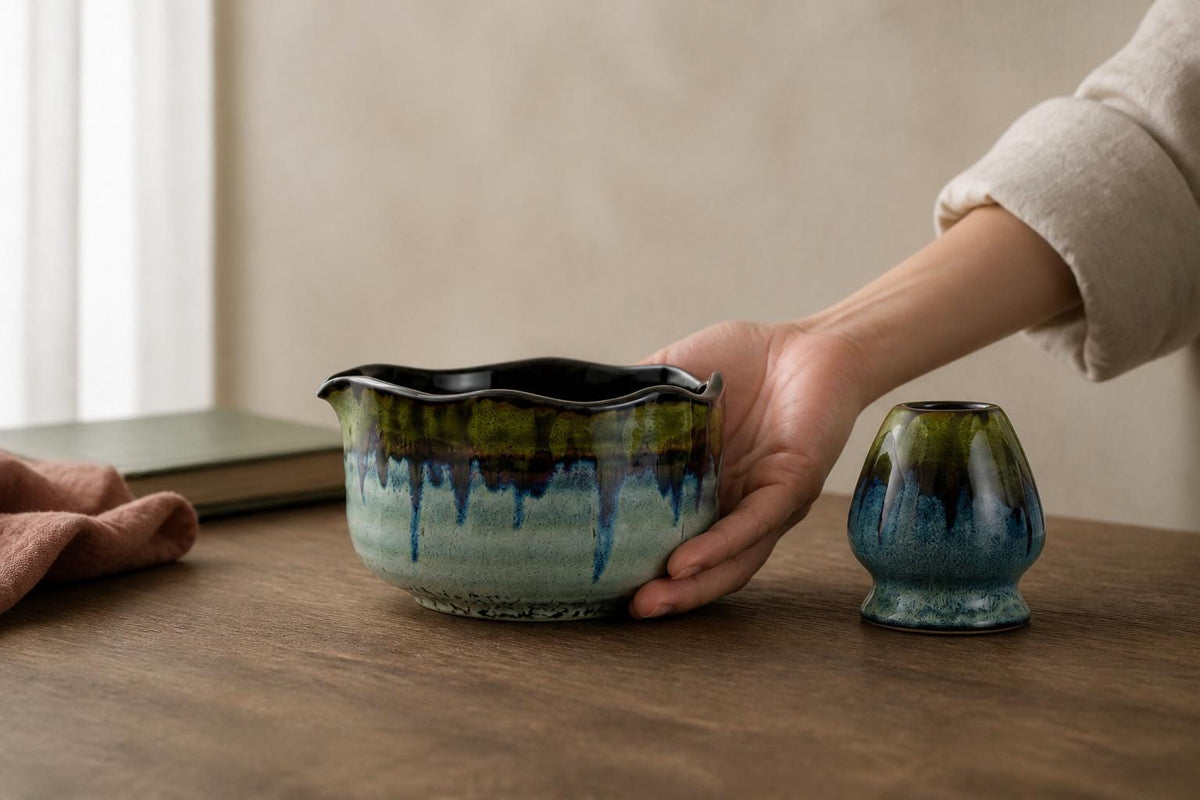 Moss Blue Wavy Flower Rim Matcha Bowl Set product photo 4