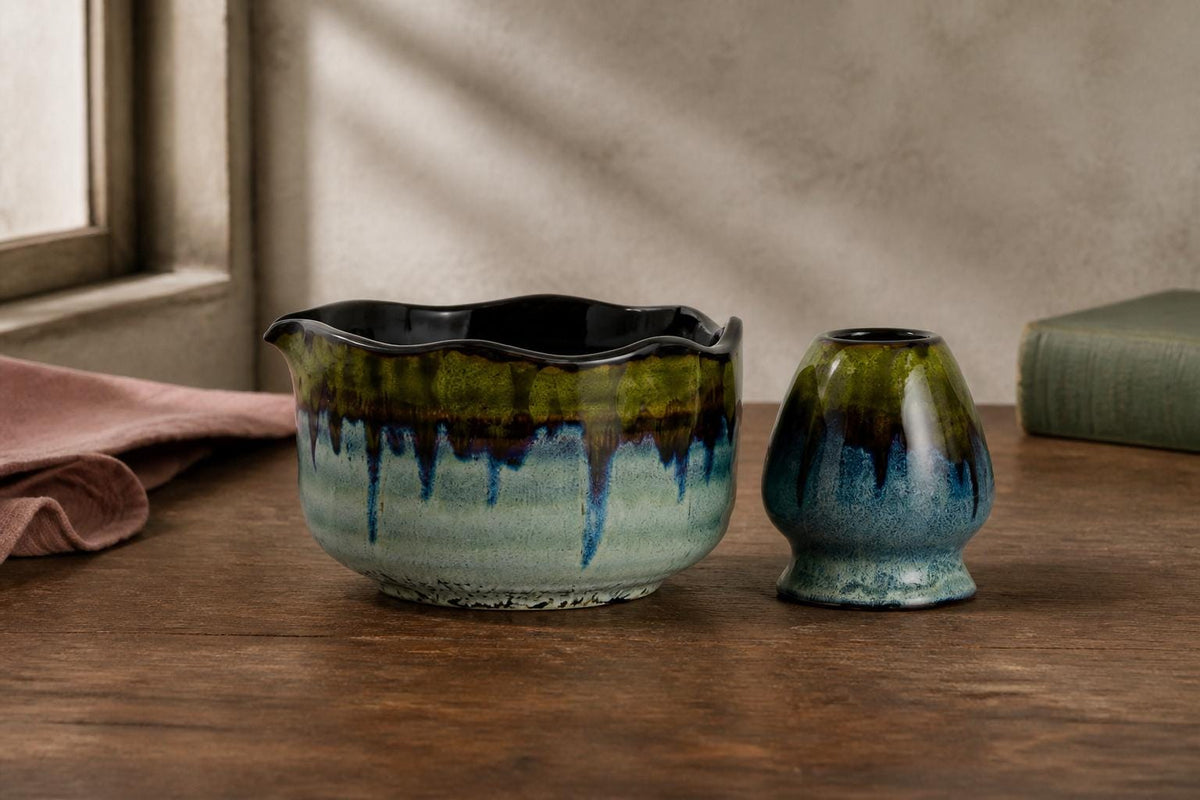 Moss Blue Wavy Flower Rim Matcha Bowl Set product photo 3