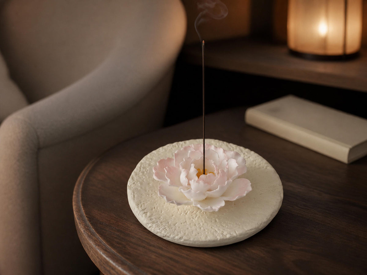 Hand Sculpted Pink Peony Ceramic Incense Holder with Tray product photo 6