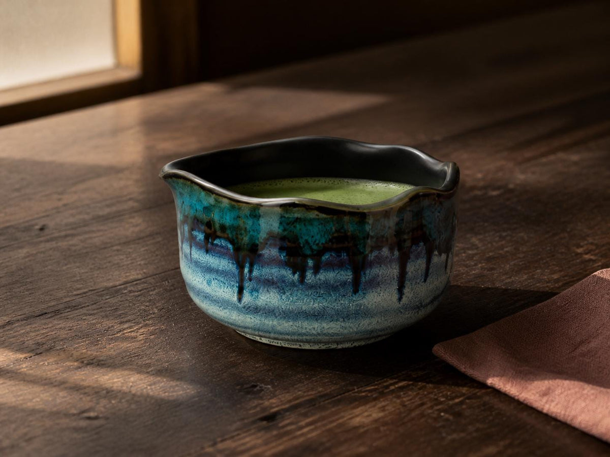 Teal Blue Flow Glaze Matcha Bowl Set product photo 5